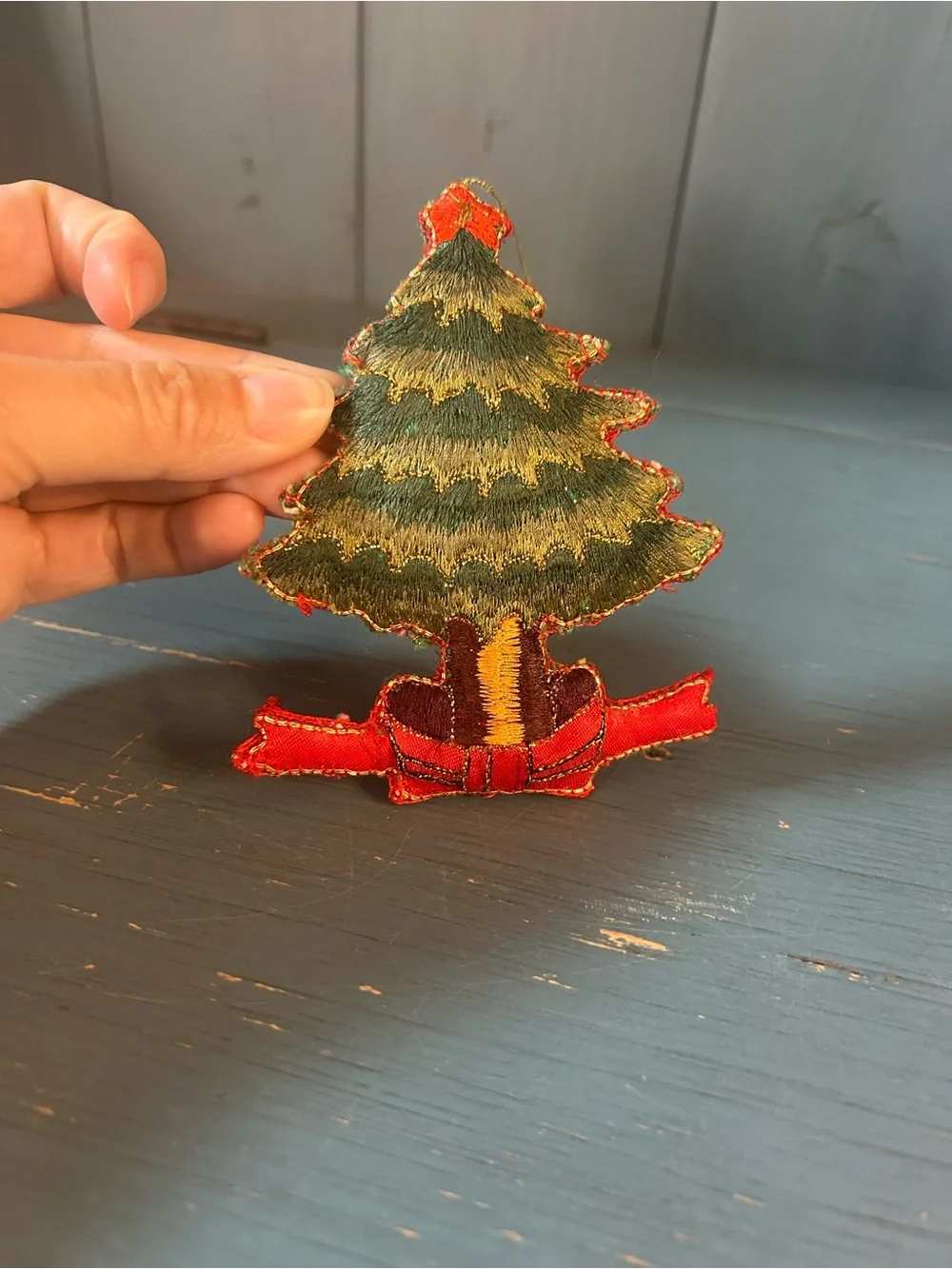 Handmade Green and Red Embroidered Christmas Tree Ornament w/Gold Stitching